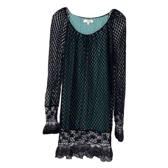 Umgee Tunic Bohemian Black Long Sleeve Lace Overlay Ruffle Womens Size Medium - Picture 1 of 6